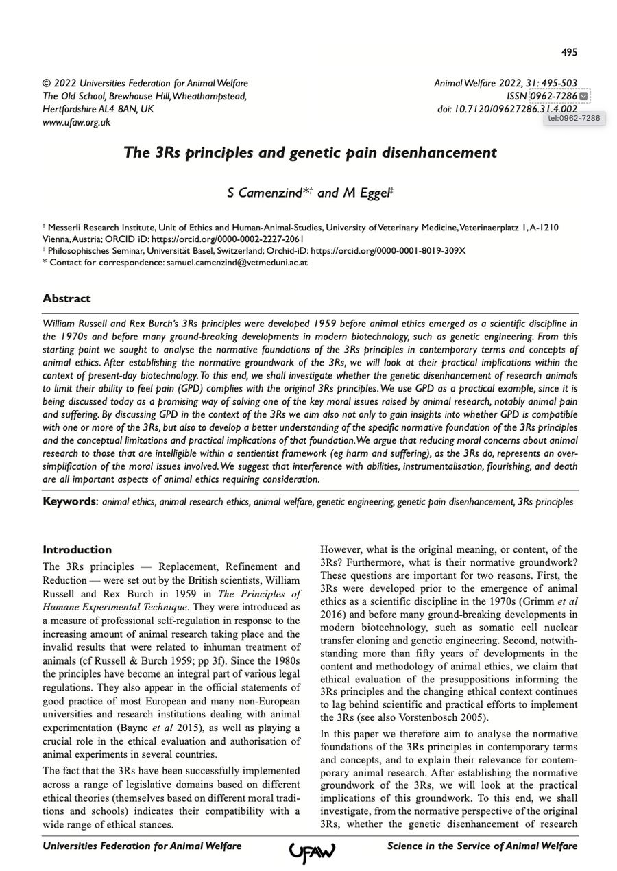 The 3Rs Principles and Genetic Pain Disenhancement